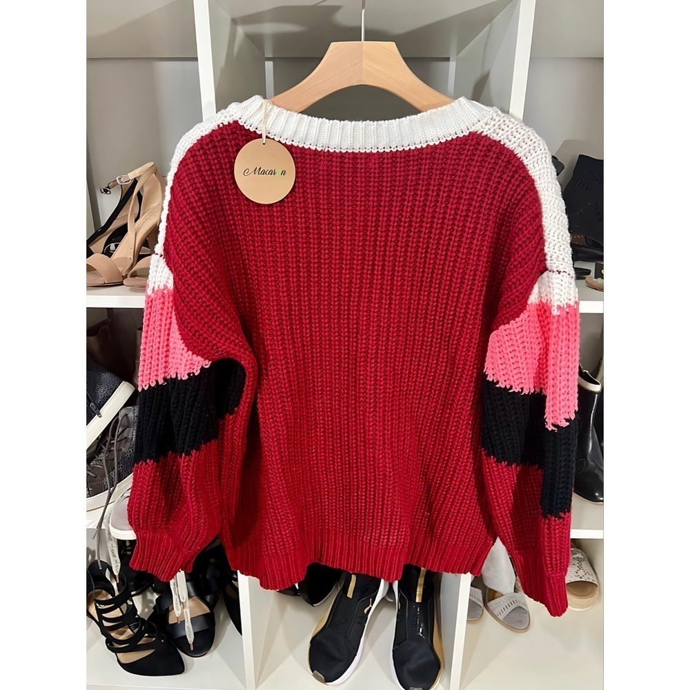 New! V Neck Pink Multi Puff Sleeve Oversized Chevron Sweater! - Picture 9 of 10